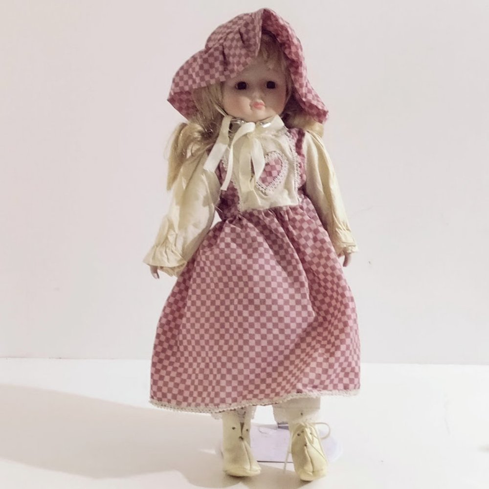 Vintage Porcelain Doll Pink Gingham Dress